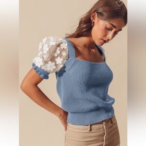 Blue Knit Top with Floral Sleeves